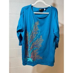 Bob Mackie Wearable Art Teal Coral Sequin Embroidered 3/4 Sleeve Top Plus Sz 1X